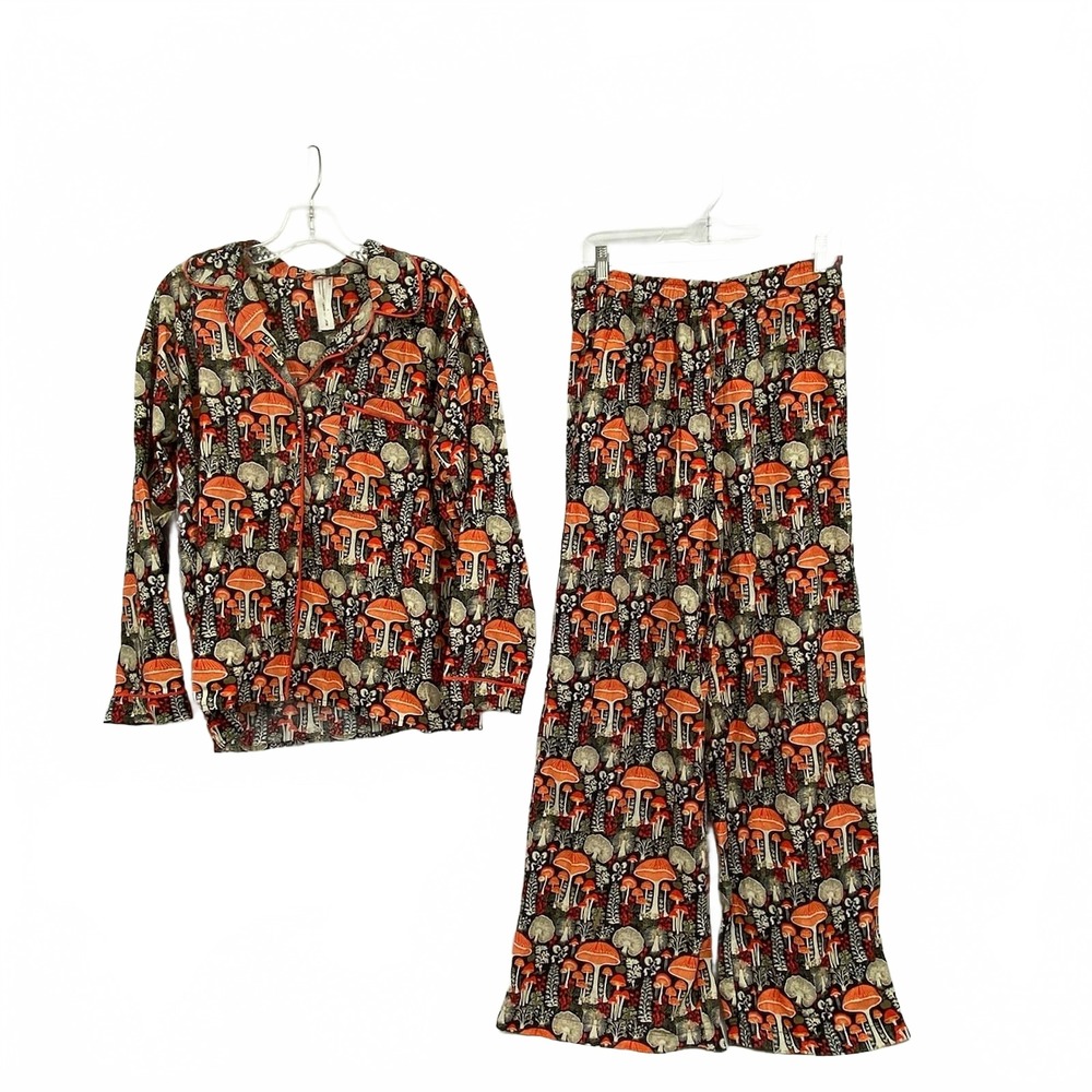 Real Fun Wow Anthropologie Black Orange Mushroom Flannel Pajama Set | Women’s M